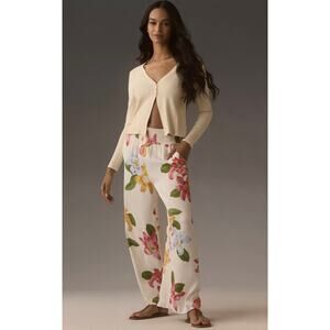 Anthropologie Maeve Womens L White Floral Saria Smocked Wide Leg Silky Pants